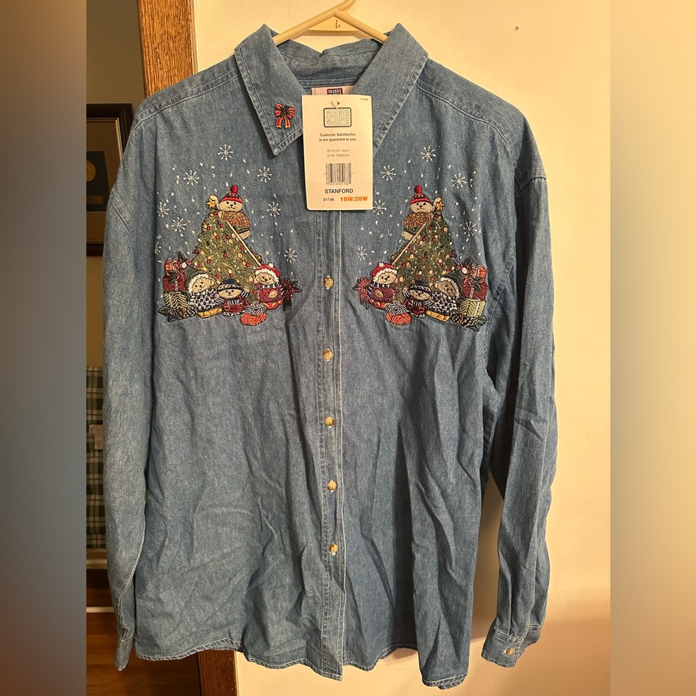 Faded Glory Blue Denim Shirt with Festive Embroidery